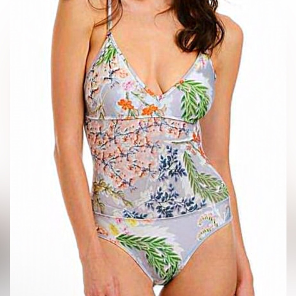 Rachel Roy Floral Print Mesh Inset Deep V-Neck One-Piece Swimsuit